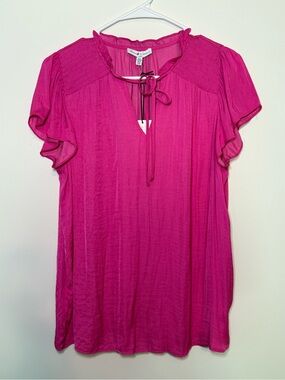 Maison D’Amelie Bright Fuchsia Tie-Neck Flutter Sleeve Tunic
